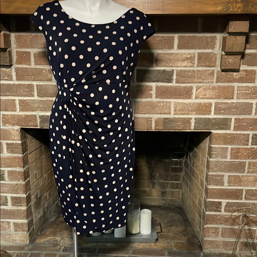 Dress Barn Blue Sheath Dress with Ruched Flutter Sleeves